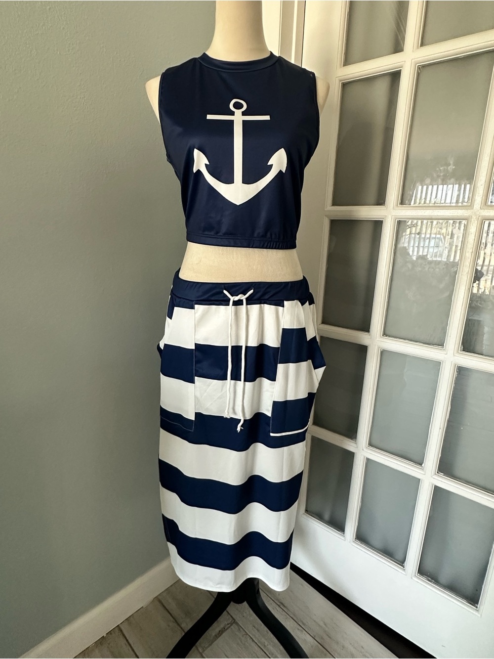 Nautical Navy & White Striped Midi Skirt
